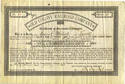 Receipt for the surrender of stock in the Lowell & Framingham Railroad in favor of the Old Colony Railroad