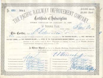 1880 receipt for subscription to new Texas & Pacific Railway stocks and bonds
