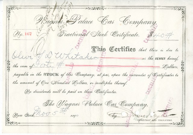 Fractional stock certificate representing $40 worth of Wagner Palace Car Co that had a par value of $100