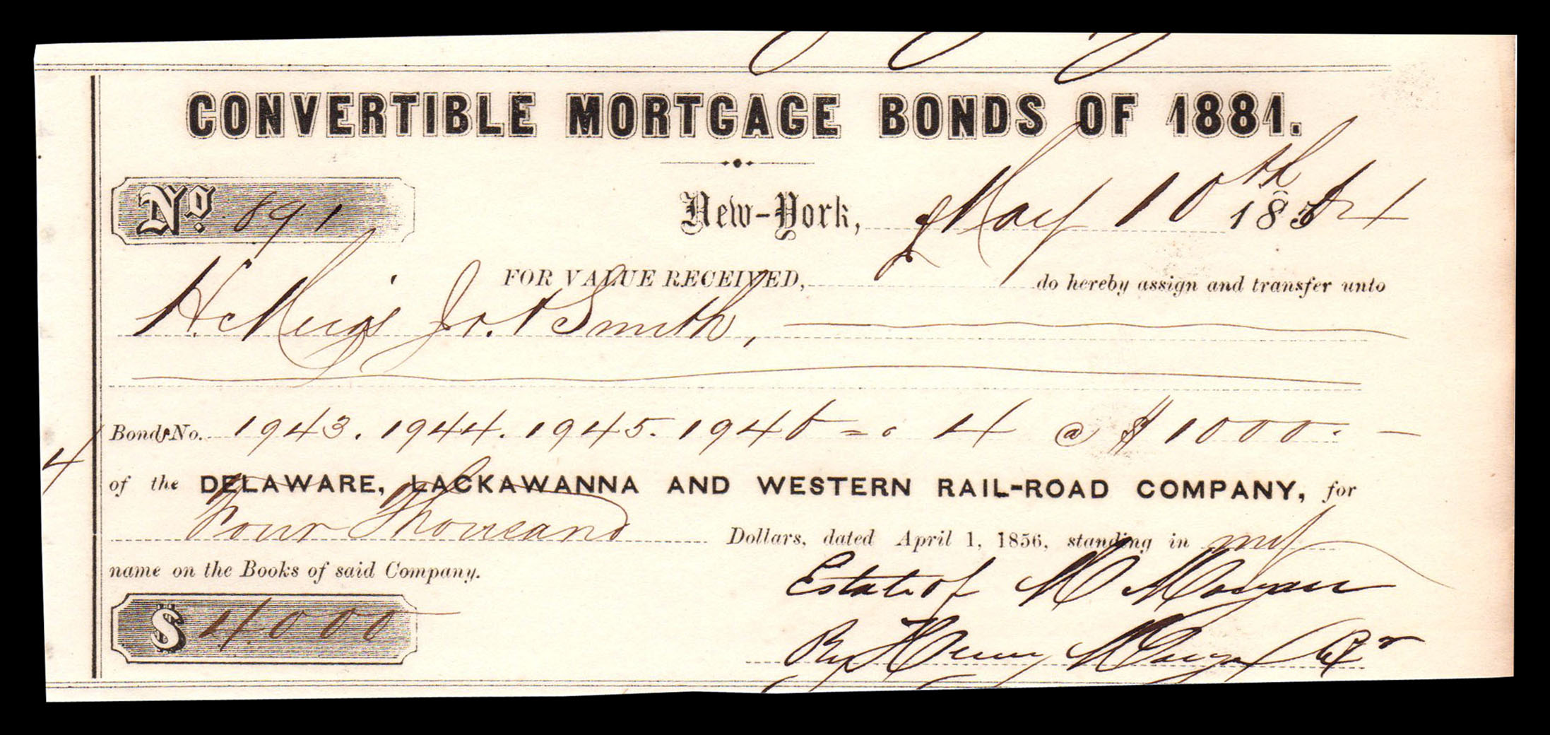 Uneven borders on Delaware Lackawanna & Western Railroad Co bond transfer