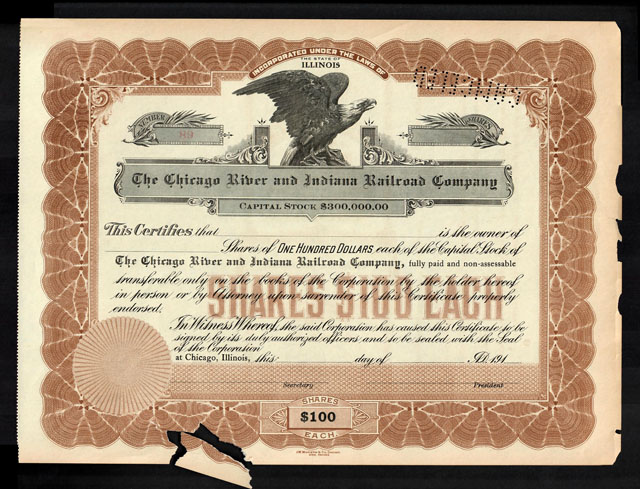 Rare and very brittle Chicago River & Indiana Railroad Co stock certificate