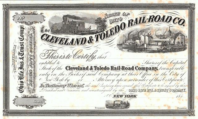 Cleveland & Toledo Rail Road Co stock certificate with foxing