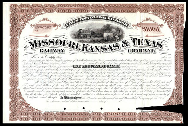 Missouri Kansas & Texas Railway Certificate with storage damage 