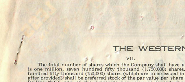 Staple holes visible on back of Western Pacific Railroad Co stock certificate