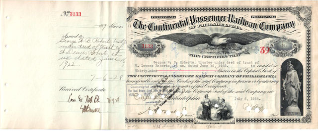 Continental Passenger Railway stock certificate with glued-on stub