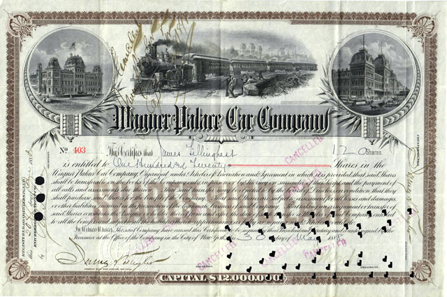 Wagner Palace Car Co stock certificate with handwriting over vignette