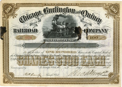Chicago Burlington & Quincy stock certificate with large ink blotches