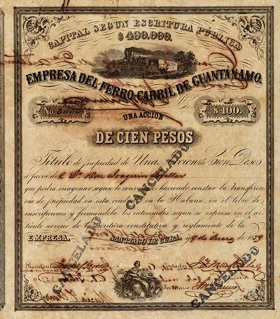 Empresa del Ferro-Carril de Guantanamo stock certificate with serious ink burns