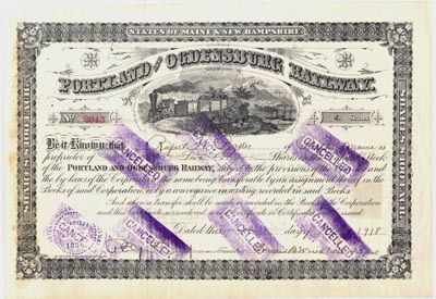 Portland & Ogdensburg Railway stoock certificate with over-zealous cancellations