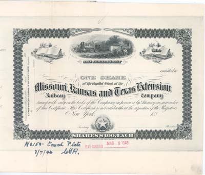 Missouri Kansas & Texas Extension Co proof showing typical markings
