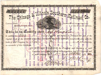 Chicago & Illinois Southern Railroad Co stock certificate with major show-through from the back