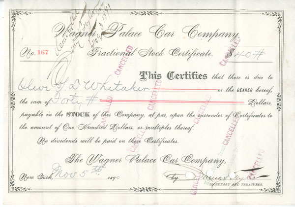 Wagner Palace Car certificate with pen and eight rubber stamp cancellations 