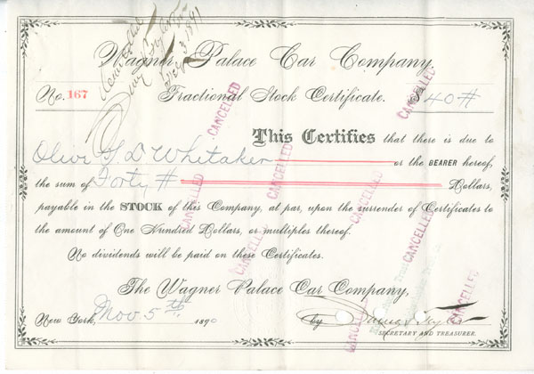 Wagner Palace Car certificate with pen and eight rubber stamp cancellations  Wagner Palace Car certificate with pen and eight rubber stamp cancellations