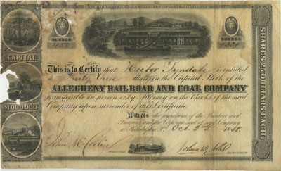 Water damaged Allegheny Rail Road & Coal Co stock certificate