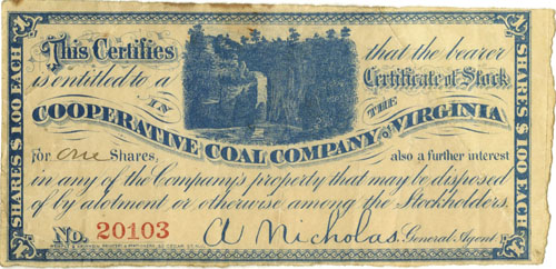 Small legitimate stock certificate from Cooperative Coal Company