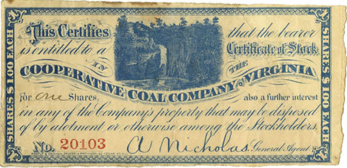 Small legitimate stock certificate from Cooperative Coal Company Small legitimate stock certificate from Cooperative Coal Company