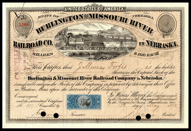 50¢ Revenue stamp on 1872 Burlington & Missouri River Railroad Co in Nebraska