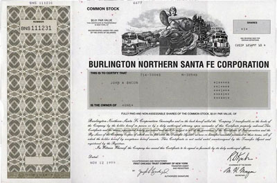 Burlington Northern Santa Fe stock certificate with computer-printed share values Burlington Northern Santa Fe stock certificate with computer-printed share values