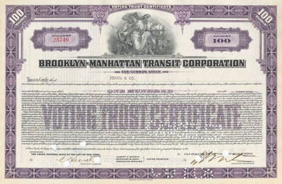100-share sock certificate from the Brooklyn-Manhattan Transit Corp.