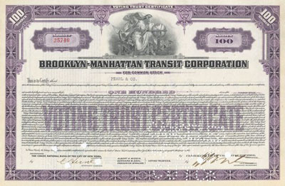 100-share sock certificate from the Brooklyn-Manhattan Transit Corp. 100-share sock certificate from the Brooklyn-Manhattan Transit Corp.