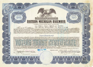 Blue border around stock certificate of Eastern Michigan Railways