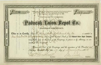 Stock certificate from the Paducah Union Depot Co Stock certificate from the Paducah Union Depot Co