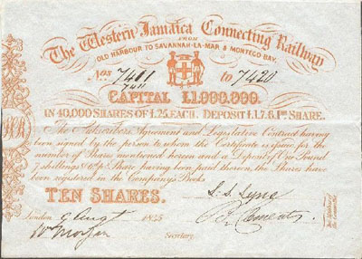 20-share stock certificate from the Western Jamaica Connecting Railway