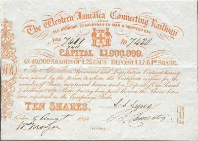 20-share stock certificate from the Western Jamaica Connecting Railway 20-share stock certificate from the Western Jamaica Connecting Railway