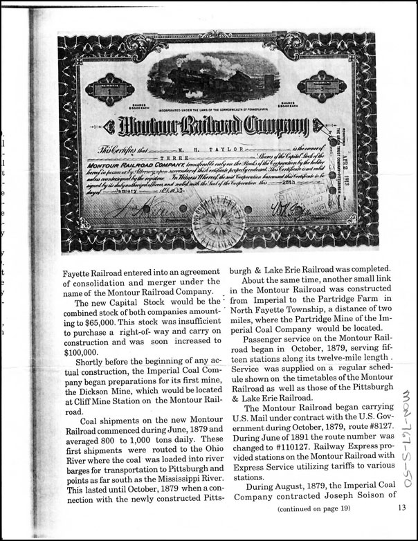 Montour Railroad stock certificate discovered by contributor in book