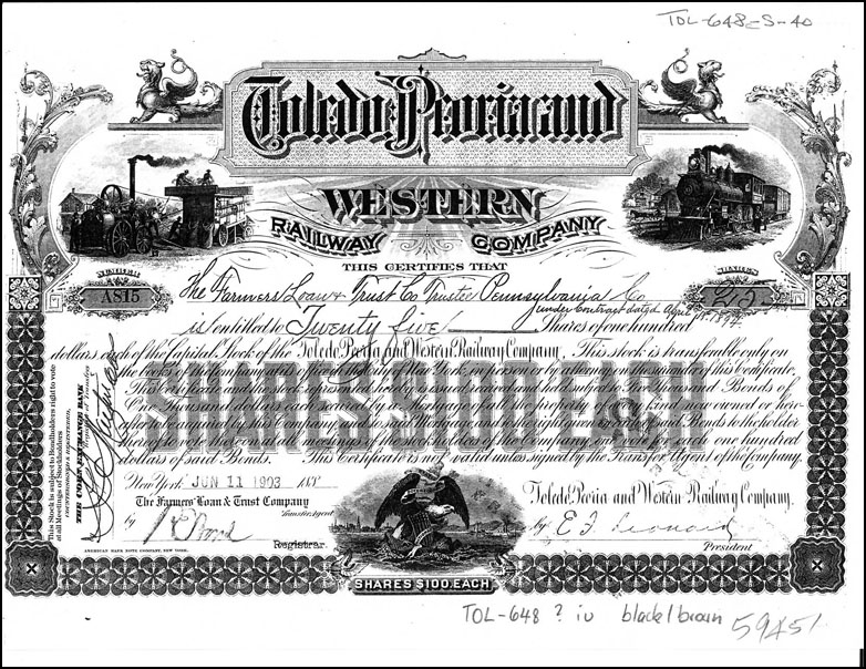 copy of Toledo Peoria & Western Railway stock certificate sent by contributor