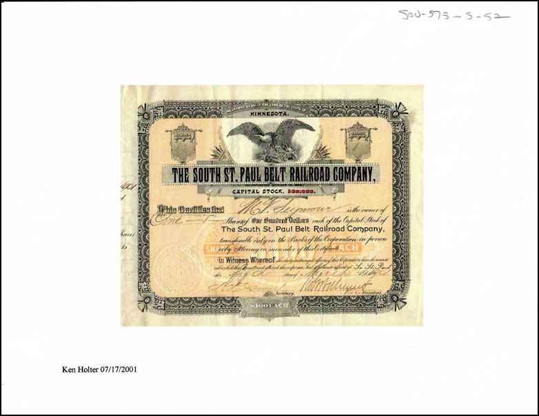 copy of South St Paul Belt Railroad stock certificate sent by contributor copy of South St Paul Belt Railroad stock certificate sent by contributor