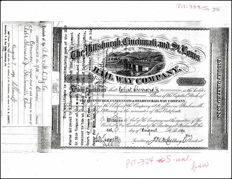 copy of Pittsburgh Cincinnati & St Louis Rail Way stock certificate sent by contributor
