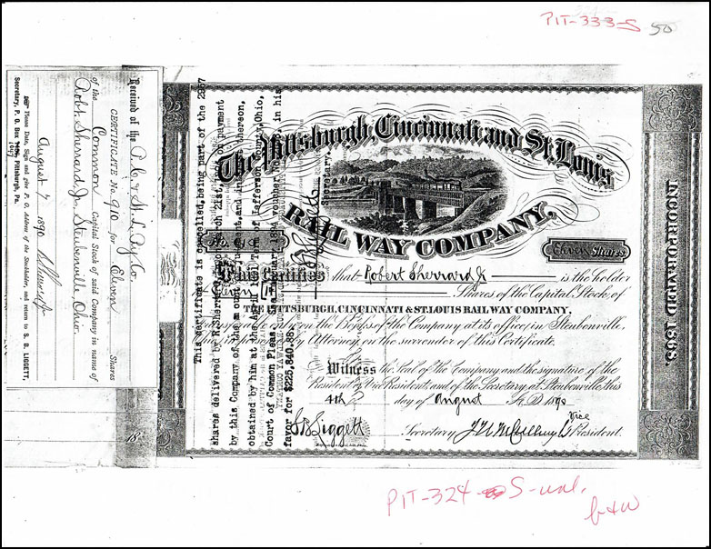 copy of Pittsburgh Cincinnati & St Louis Rail Way stock certificate sent by contributor copy of Pittsburgh Cincinnati & St Louis Rail Way stock certificate sent by contributor