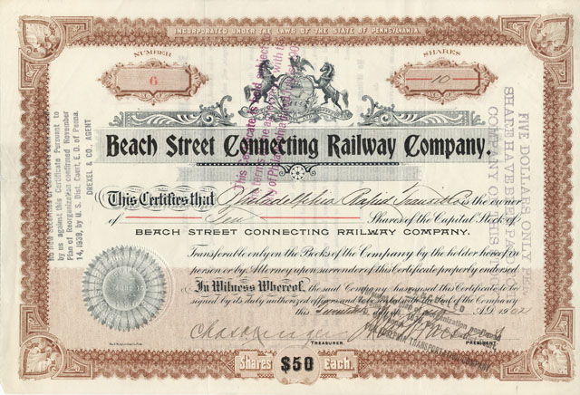 Beach Street Connecting Railway stock certificate sent by contributor Beach Street Connecting Railway stock certificate sent by contributor