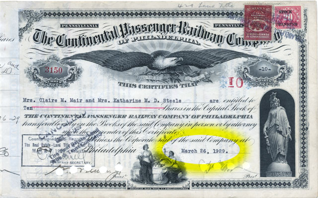 Stock certificate from The Continental Passenger Company issued 1929