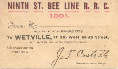 Promotional complimentary pass for the Ninth Street Bee Line Rail Road Company - front