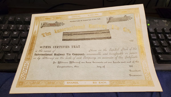 Misshapen and distorted image of a stock certificate