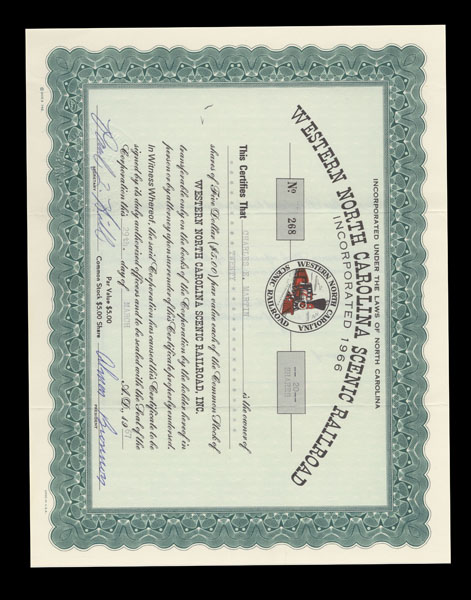 Stock certificate from Western Carolina Scenic Railroad