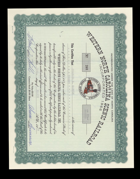 Stock certificate from Western Carolina Scenic Railroad Stock certificate from Western Carolina Scenic Railroad