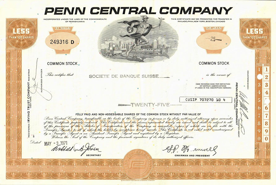 Penn Central Company stock certificate printed on thicker paper