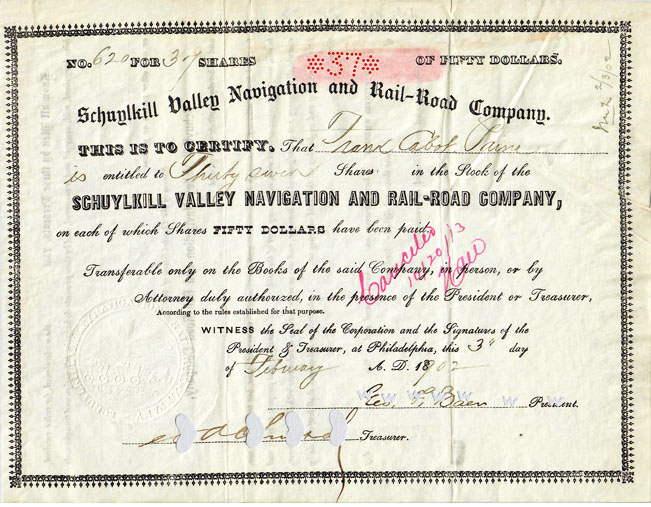 Stock certificate scanned with light gray poster board between certificate and scanner cover