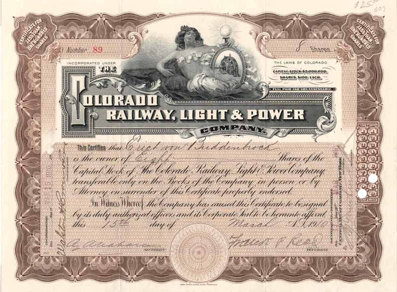 Image of a very rare Colorado Railway Light & Power Company stock certificate