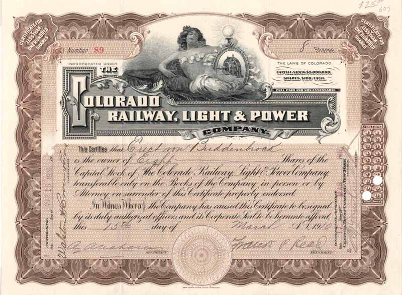 Image of rare Colorado Railway Light & Power Company stock certificate Image of a very rare Colorado Railway Light & Power Company stock certificate