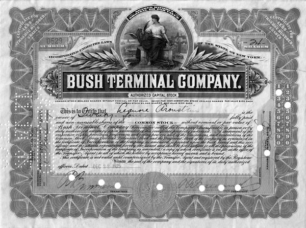 Bush Terminal Company certificate scanned as 8-bit grayscale