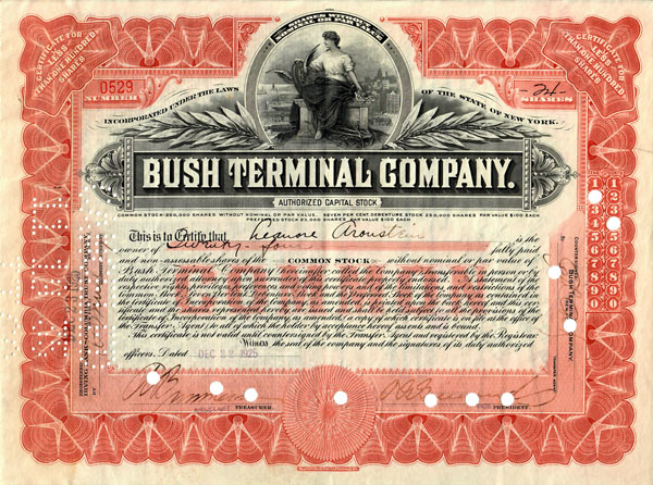 Bush Terminal Company certificate scanned as 24-bit color