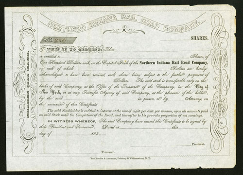 Scan of stock certificate of Northern Indiana RR Co scanned against black and darkened