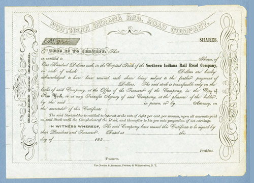 Scan of stock certificate of Northern Indiana RR Co scanned against blue and darkened