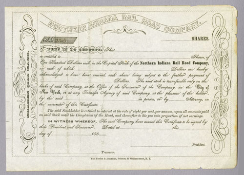 Scan of stock certificate of Northern Indiana RR Co scanned against gray and darkened