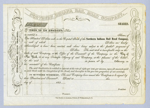 Scan of stock certificate of Northern Indiana RR Co scanned against light gray and darkened