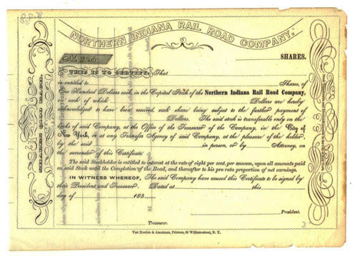 Scan of stock certificate of Northern Indiana RR Co scanned against white and darkened
